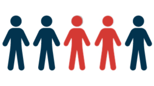 A group of 5 stick figures with 2 red figures.